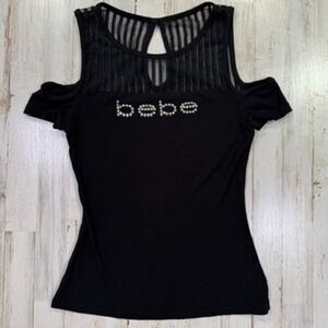 Bebe Top Women Medium Black Crystal Rhinestone Logo Cold Shoulder Ribbed Y2K